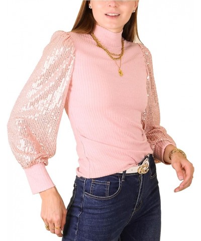 Mock Neck Sequin Tops For Women Party Sparkle Glitter Puff Sleeve Blous Sweatshirt 2-pink $25.51 Hoodies & Sweatshirts