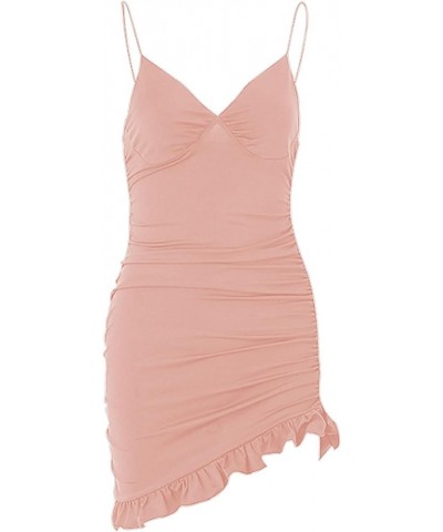 Women's Sexy Ruffle Hem Spaghetti Straps Bodycon Dress V Neck Party Mini Dresses A-baby Pink $8.39 Dresses