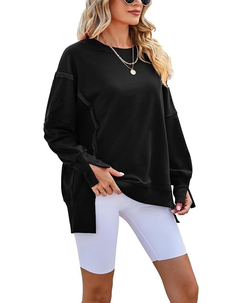 Sweatshirts for Women Crewneck Oversized Long Sleeve Casual Side Slit Sloucthy Pullover Sweatshirts Fall Clothes Black $9.71 ...