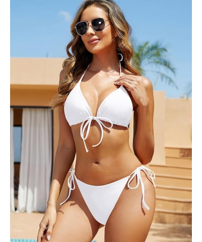 Women Two Piece String Bikini Brazilian Triangle Swimsuit Halter Tie Front Bathing Suits White $14.08 Swimsuits