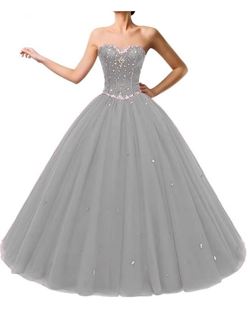 Sweetheart Ball Gown Quinceanera Dresses Sequin Beads Tulle Long Prom Party Gowns for Girls Silver $39.90 Dresses