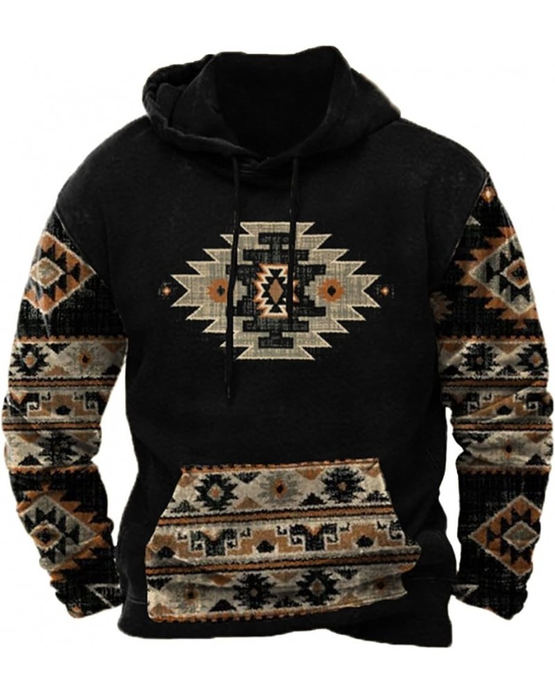 Cowboy Hoodies For Men Western Tribal Aztec Print Hooded Sweatshirt Retro Drawstring Long Sleeve Country Pullover Tops A06-bl...