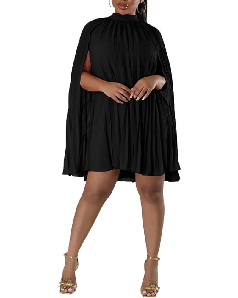 Womens Casual Elegant Chiffon High Neck Cape Sleeve Pleated Loose A Line Mini Dress Black $19.76 Dresses