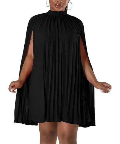 Womens Casual Elegant Chiffon High Neck Cape Sleeve Pleated Loose A Line Mini Dress Black $19.76 Dresses