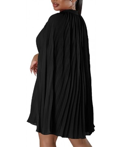 Womens Casual Elegant Chiffon High Neck Cape Sleeve Pleated Loose A Line Mini Dress Black $19.76 Dresses