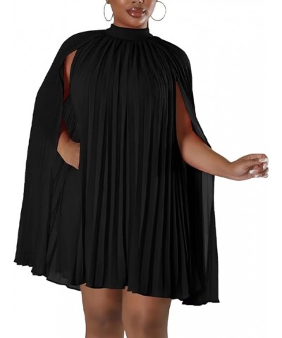 Womens Casual Elegant Chiffon High Neck Cape Sleeve Pleated Loose A Line Mini Dress Black $19.76 Dresses