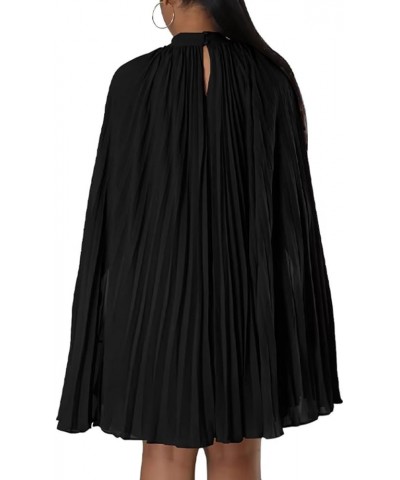 Womens Casual Elegant Chiffon High Neck Cape Sleeve Pleated Loose A Line Mini Dress Black $19.76 Dresses