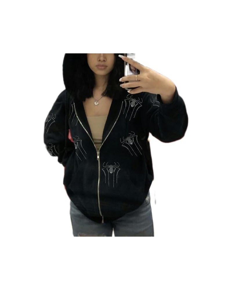 Women Y2k Goth Zip Up Hoodie Long Sleeve Harajuku Sweatshirt Aesthetic Casual Oversized Hooded Top Streetwear Black Spider 06...