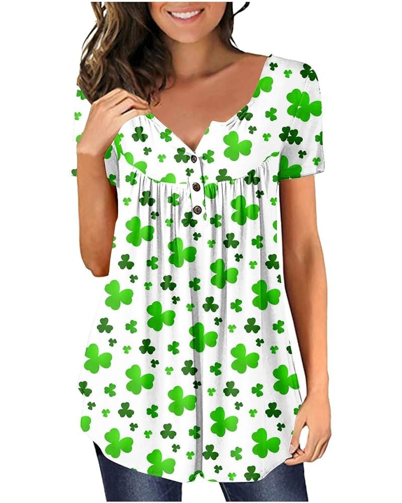 St Patricks Day Shirt Women Clover Henley V-Neck Summer Tops Short Sleeve Buttons Up Blouses Flowy Pleated Tunics A6-green~st...