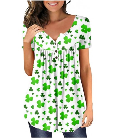 St Patricks Day Shirt Women Clover Henley V-Neck Summer Tops Short Sleeve Buttons Up Blouses Flowy Pleated Tunics A6-green~st...