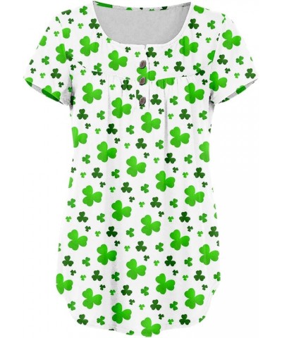 St Patricks Day Shirt Women Clover Henley V-Neck Summer Tops Short Sleeve Buttons Up Blouses Flowy Pleated Tunics A6-green~st...