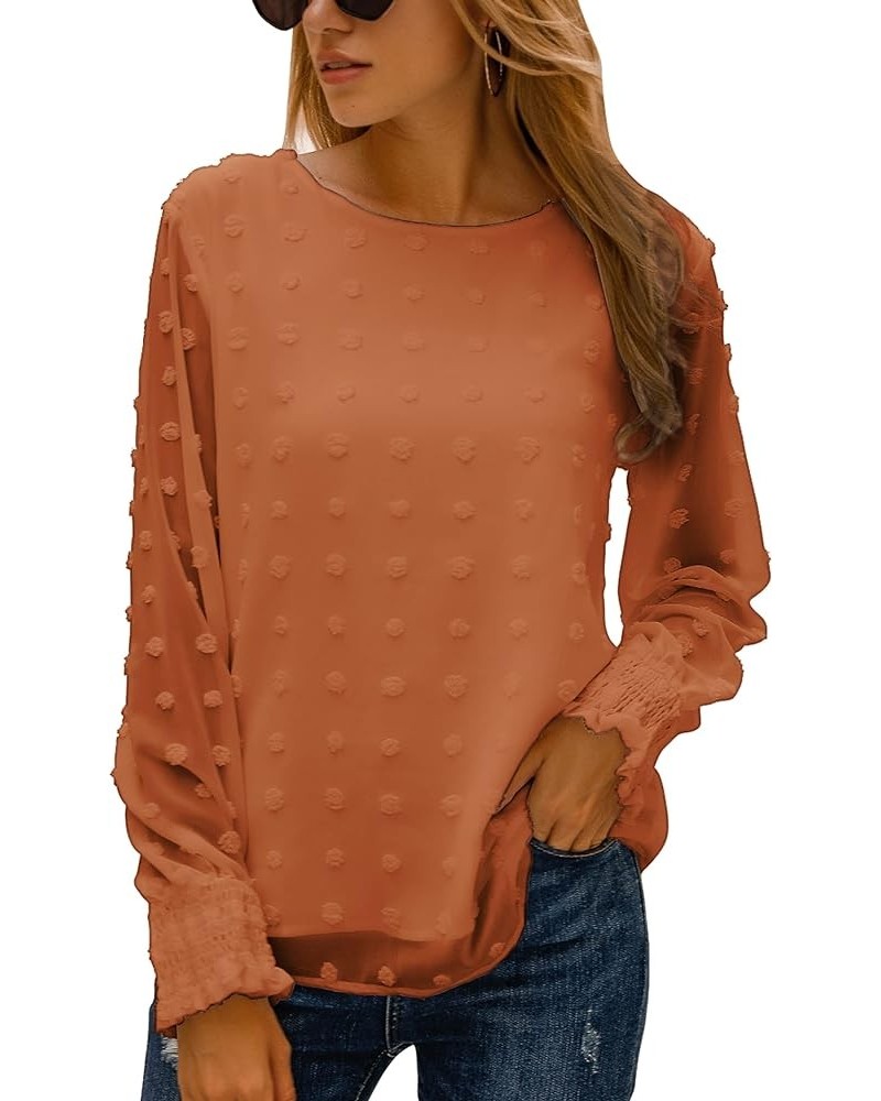 Womens Chiffon Blouses Elegant Lantern Long Sleeve Round Neck Top Pom Pom Shirts Bronze $9.66 Blouses