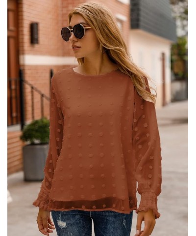 Womens Chiffon Blouses Elegant Lantern Long Sleeve Round Neck Top Pom Pom Shirts Bronze $9.66 Blouses