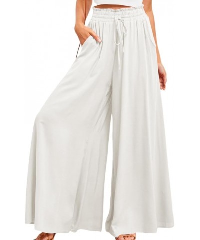 Women's Wide Leg Drawstring Pants Elastic Waisted Casual Palazzo Trousers with Pockets White $9.69 Pants