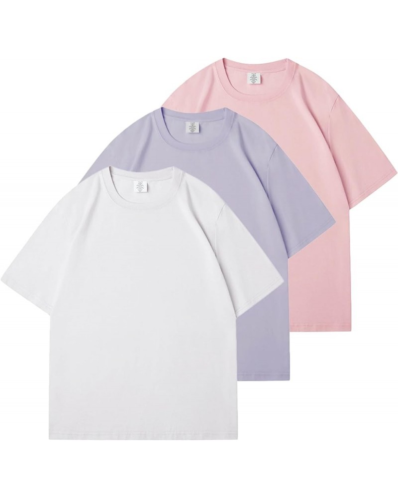 Men's Cotton T-Shirts Oversized Unisex Short Sleeve Crew Neck Loose Basic Tops Solid Athletic Lightweight White+pink+purple $...