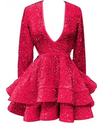 Long Sleeve Homecoming Dresses for Teens Short Sparkly Sequin V Neck Tiered Prom Dress Formal Gowns Hot Pink $23.65 Dresses