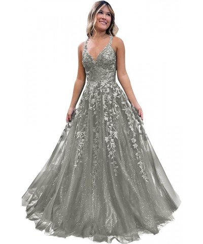 Lace Appliques Prom Dresses Long Spaghetti Straps Sparkly Beaded Formal Evening Gowns Grey $34.85 Dresses