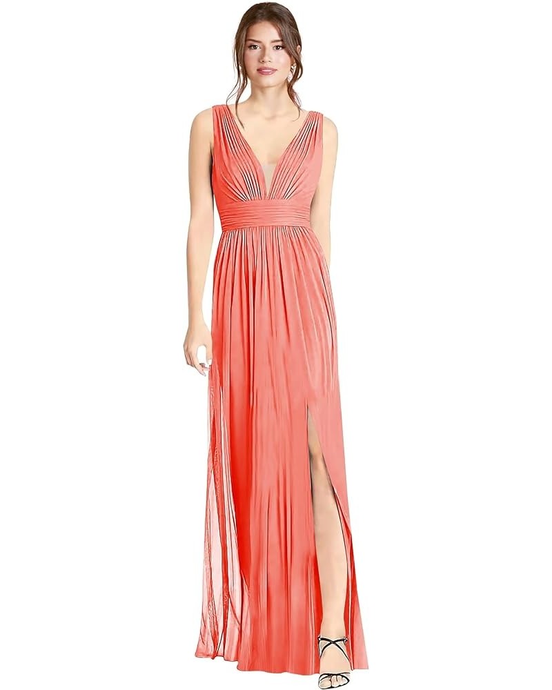 Women's Chiffon Bridesmaid Dresses with Sleeveless Empire Waist Deep V Neck Formal Evening Party Dress with Slit Coral $18.90...