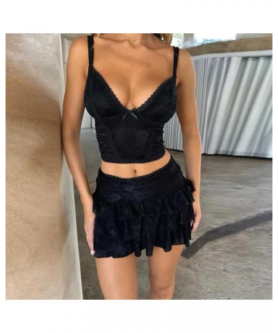 Women Y2K Lace Trim 2 Piece Skirt Set Floral Lace Slim Fit Crop Tops Low Waist Ruffle Bodycon Mini Skirt Outfit P-black Four ...