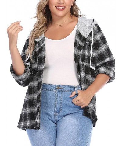 Womens Plus Size Flannel Shirts Plaid Hoodie Long Sleeve Plaid Shirt Jacket Button Down Shirts with Hood 16W-30W A-black $8.5...