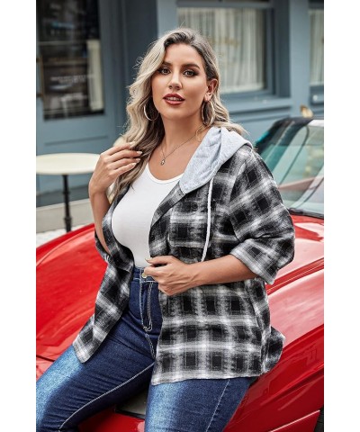 Womens Plus Size Flannel Shirts Plaid Hoodie Long Sleeve Plaid Shirt Jacket Button Down Shirts with Hood 16W-30W A-black $8.5...