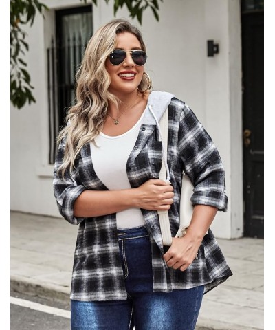 Womens Plus Size Flannel Shirts Plaid Hoodie Long Sleeve Plaid Shirt Jacket Button Down Shirts with Hood 16W-30W A-black $8.5...