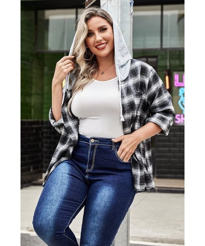 Womens Plus Size Flannel Shirts Plaid Hoodie Long Sleeve Plaid Shirt Jacket Button Down Shirts with Hood 16W-30W A-black $8.5...