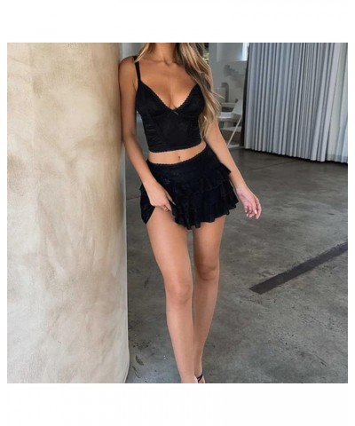 Women Y2K Lace Trim 2 Piece Skirt Set Floral Lace Slim Fit Crop Tops Low Waist Ruffle Bodycon Mini Skirt Outfit P-black Four ...