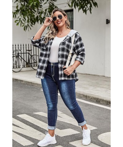 Womens Plus Size Flannel Shirts Plaid Hoodie Long Sleeve Plaid Shirt Jacket Button Down Shirts with Hood 16W-30W A-black $8.5...