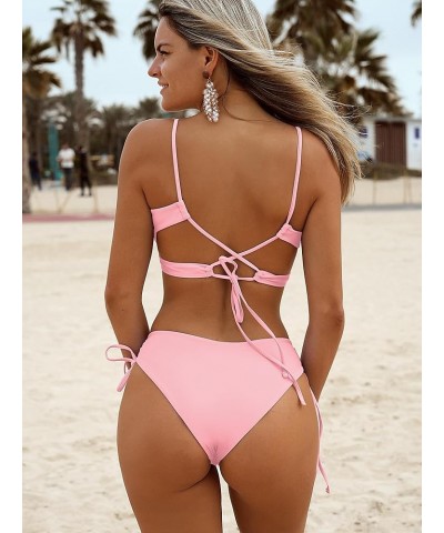 Women 2 Piece Swimsuits Spaghetti Strap Brazilian Bikini Lace Up Swimsuit Bathing Suit Pink $19.94 Swimsuits