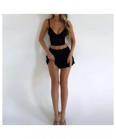 Women Y2K Lace Trim 2 Piece Skirt Set Floral Lace Slim Fit Crop Tops Low Waist Ruffle Bodycon Mini Skirt Outfit P-black Four ...