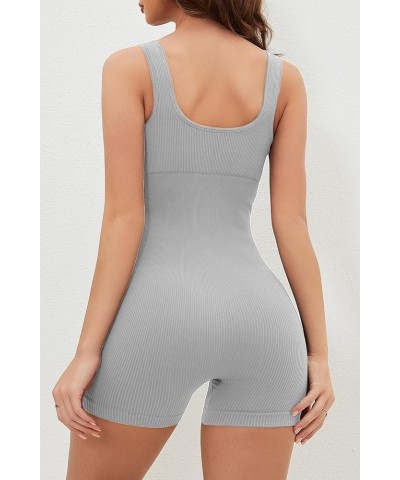 Seamless Romper for Women Ribbed Workout Square Neck Padded Bra One Piece Short Jumpsuit Grey $12.50 Jumpsuits