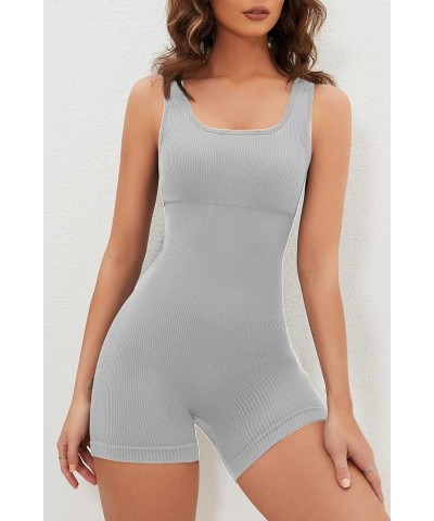 Seamless Romper for Women Ribbed Workout Square Neck Padded Bra One Piece Short Jumpsuit Grey $12.50 Jumpsuits