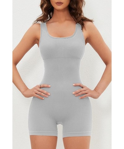 Seamless Romper for Women Ribbed Workout Square Neck Padded Bra One Piece Short Jumpsuit Grey $12.50 Jumpsuits