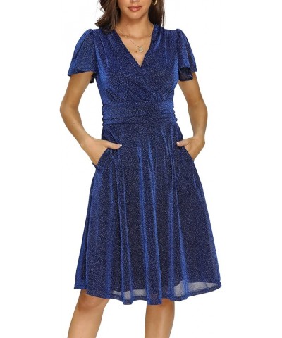 Women's V Neck Short Sleeve Cocktail Midi Dress Glitter A-Line Party Dress with Pockets Blue $12.75 Dresses