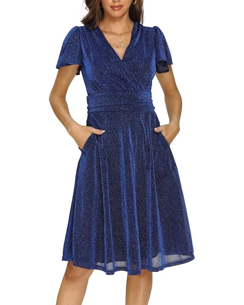 Women's V Neck Short Sleeve Cocktail Midi Dress Glitter A-Line Party Dress with Pockets Blue $12.75 Dresses