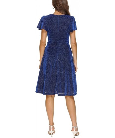 Women's V Neck Short Sleeve Cocktail Midi Dress Glitter A-Line Party Dress with Pockets Blue $12.75 Dresses