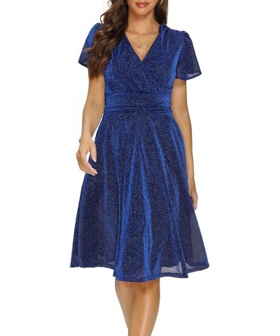 Women's V Neck Short Sleeve Cocktail Midi Dress Glitter A-Line Party Dress with Pockets Blue $12.75 Dresses