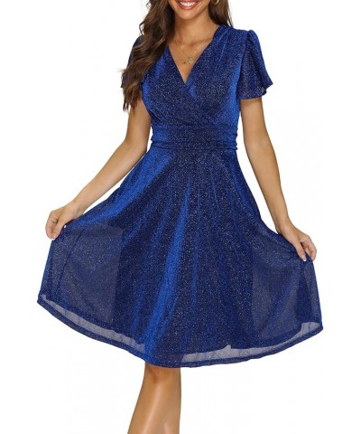 Women's V Neck Short Sleeve Cocktail Midi Dress Glitter A-Line Party Dress with Pockets Blue $12.75 Dresses