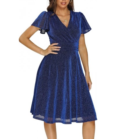 Women's V Neck Short Sleeve Cocktail Midi Dress Glitter A-Line Party Dress with Pockets Blue $12.75 Dresses