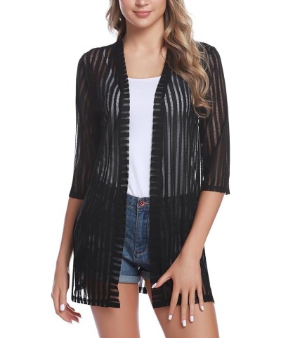 Women Casual 3/4 Sleeve Sheer Open Front Cardigan Sweater Kimono Stripe-black $14.25 Sweaters