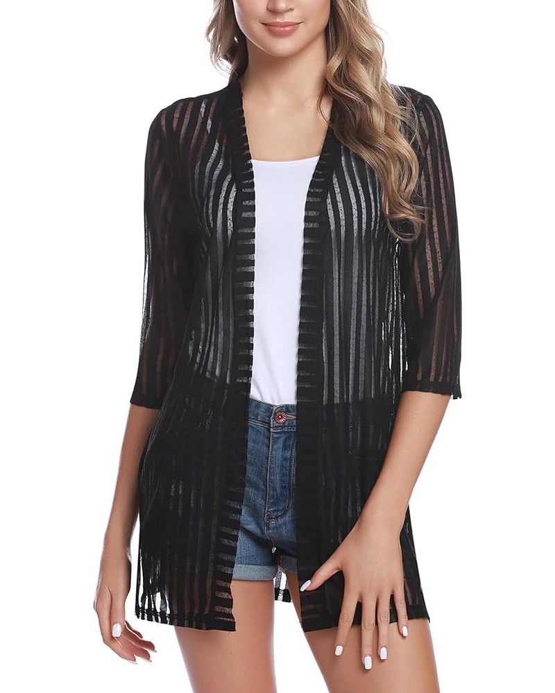 Women Casual 3/4 Sleeve Sheer Open Front Cardigan Sweater Kimono Stripe-black $14.25 Sweaters