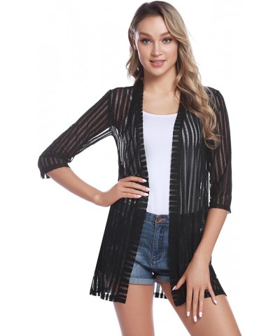 Women Casual 3/4 Sleeve Sheer Open Front Cardigan Sweater Kimono Stripe-black $14.25 Sweaters