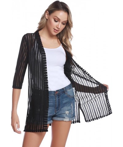 Women Casual 3/4 Sleeve Sheer Open Front Cardigan Sweater Kimono Stripe-black $14.25 Sweaters