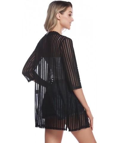 Women Casual 3/4 Sleeve Sheer Open Front Cardigan Sweater Kimono Stripe-black $14.25 Sweaters