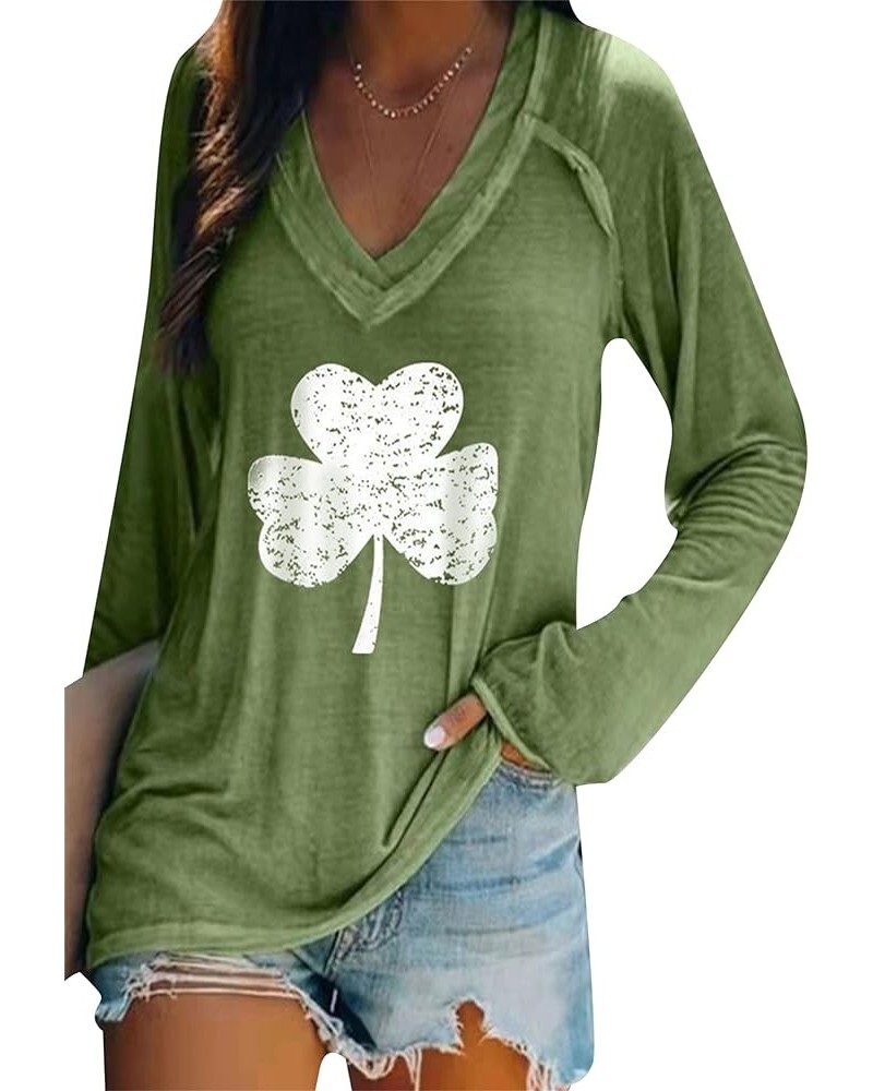 Women's St. Patricks Day V Neck Shirt Irish Shamrock Print Sweatshirt Clover Print Long Sleeve Pullover Tops Plus Size Grass ...