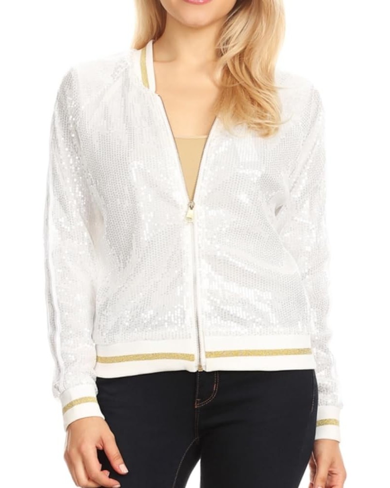 Womens Long Sleeve Front Zip Track Stripe Sequin Bomber Jacket White $23.54 Jackets