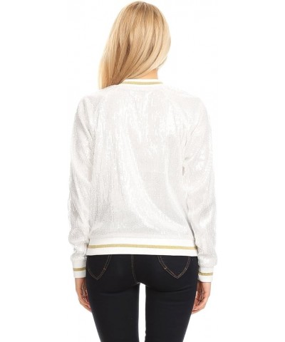 Womens Long Sleeve Front Zip Track Stripe Sequin Bomber Jacket White $23.54 Jackets