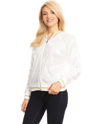 Womens Long Sleeve Front Zip Track Stripe Sequin Bomber Jacket White $23.54 Jackets