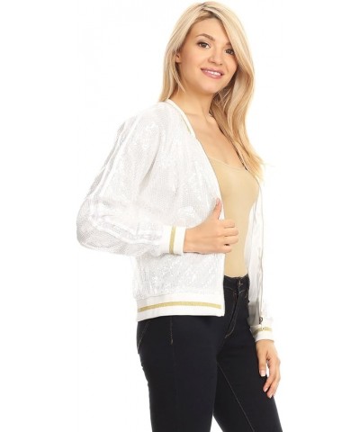 Womens Long Sleeve Front Zip Track Stripe Sequin Bomber Jacket White $23.54 Jackets